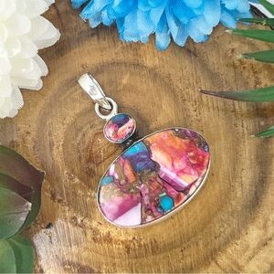 Solid Sterling Silver 925 Genuine Pink Dahlia Copper Turquoise Pendant Oval